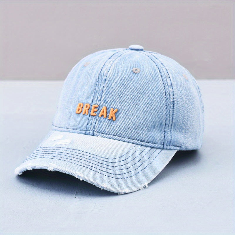 Distressed Embroidered Baseball Cap Washed Denim Sun Hat