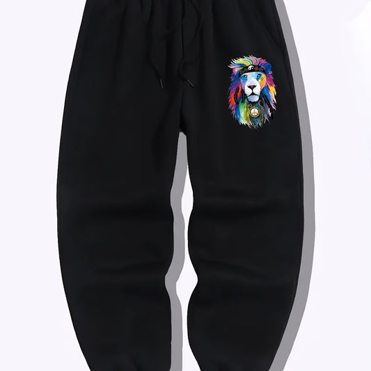 Colorful Lion Pattern Joggers Men's Stretch Waist Sports Pants