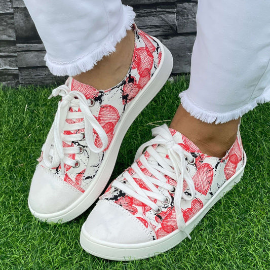 Pink Peach Heart Pattern Board Shoes Women's Shallow Mouth Casual Shoes