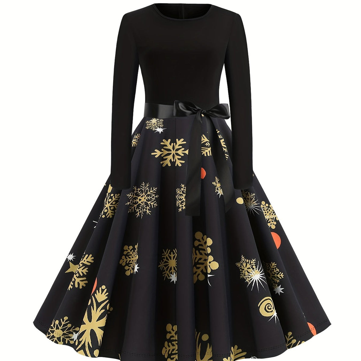  Snowflake Print Knot Front Long Sleeve Round Neck A line Maxi Dress