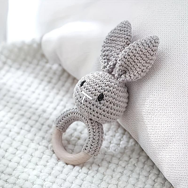 Gray Rabbit Rattle Toy with Wooden Beads Baby Sensory Developmental