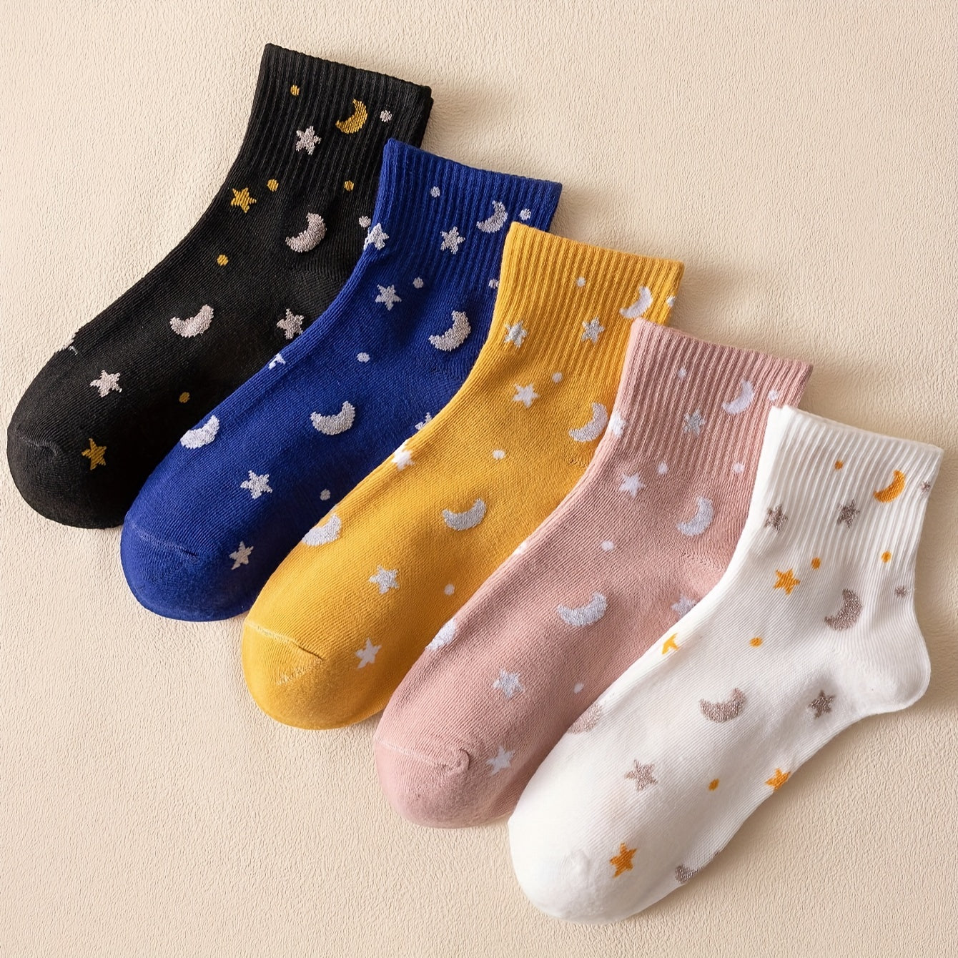 5 Pairs Star & Moon Pattern Ribbed Short Socks Women's Stockings