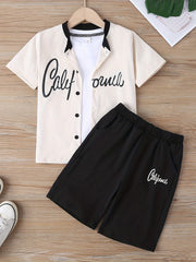 Boys Short Sleeve Button Down Shirt & Shorts 2 Piece Outfits CALIFORNIA Print