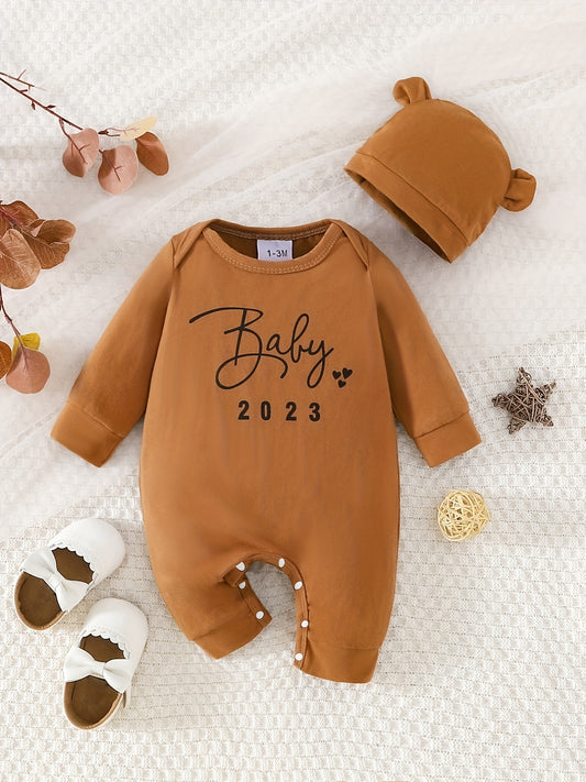 2pcs Newborn Baby Romper Long Sleeve Jumpsuit & Bear Ear Hat Set