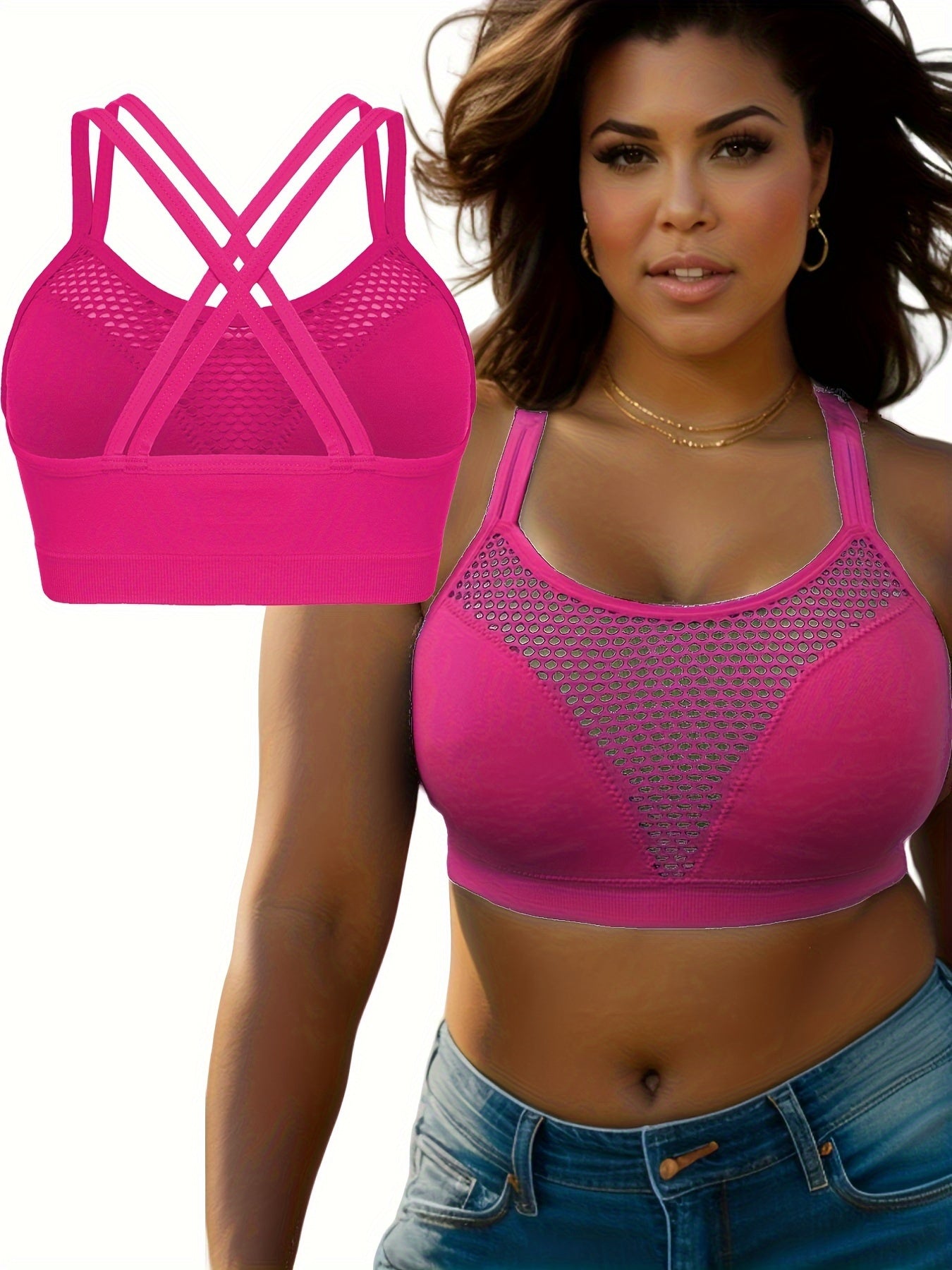  Sports Bra Solid Hollow Out Round Neck Criss Cross Bra