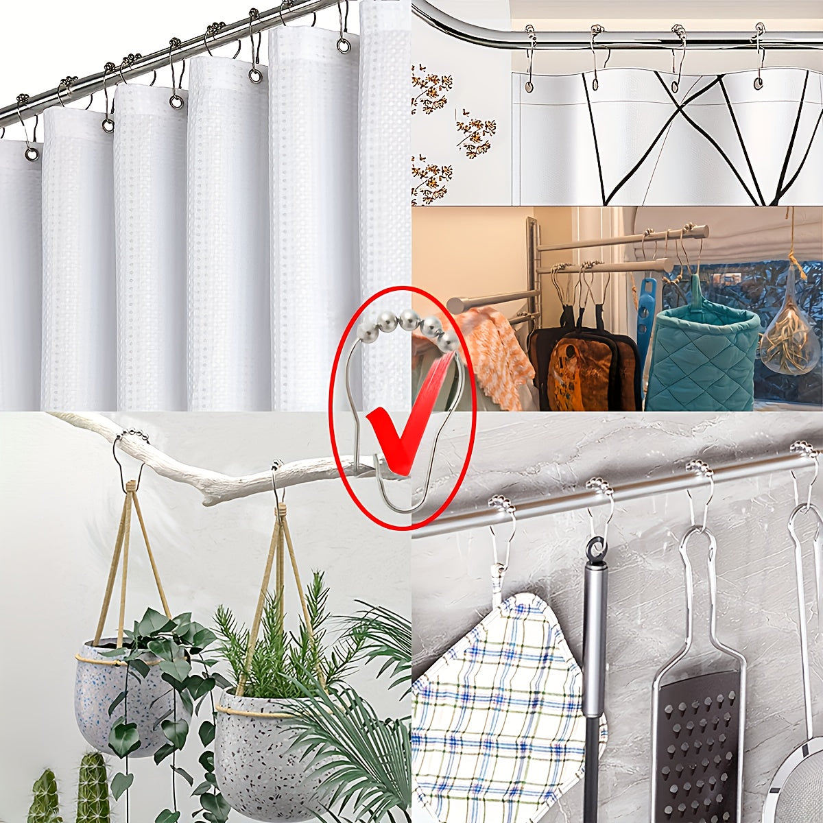 12pcs Stainless Steel Shower Curtain Rings Roller Ball Hooks