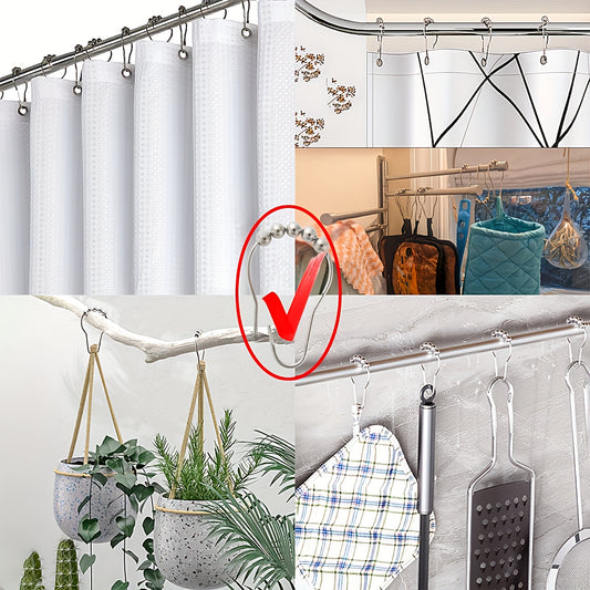 12pcs Stainless Steel Shower Curtain Rings Roller Ball Hooks