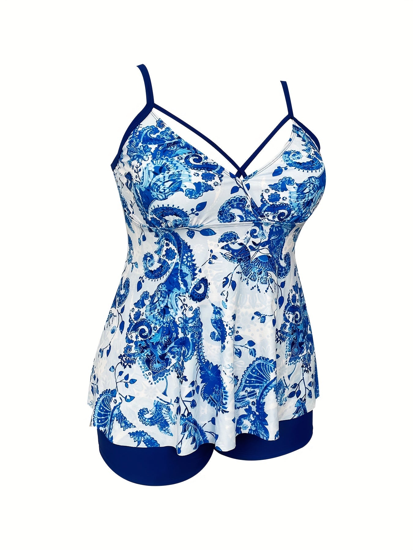 Floral Print Boho Tankini Set Plus Size Women's Strappy Top & Shorts