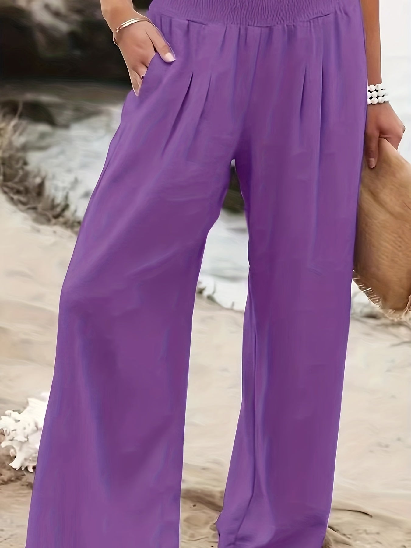  Solid High Rise Wide Leg Pants