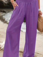  Solid High Rise Wide Leg Pants