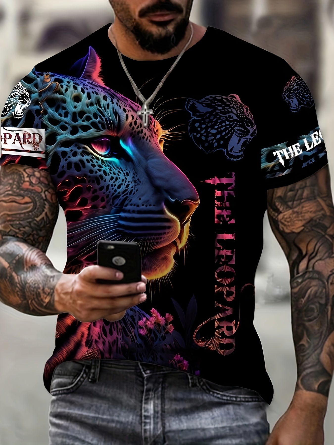 Leopard 3D Pattern Print Men's Graphic T-shirt Short Sleeve Pullover