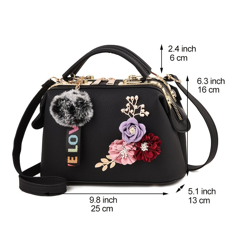 3D Floral Decor Handbag Faux Leather Crossbody Bag Women's Top Handle Purse