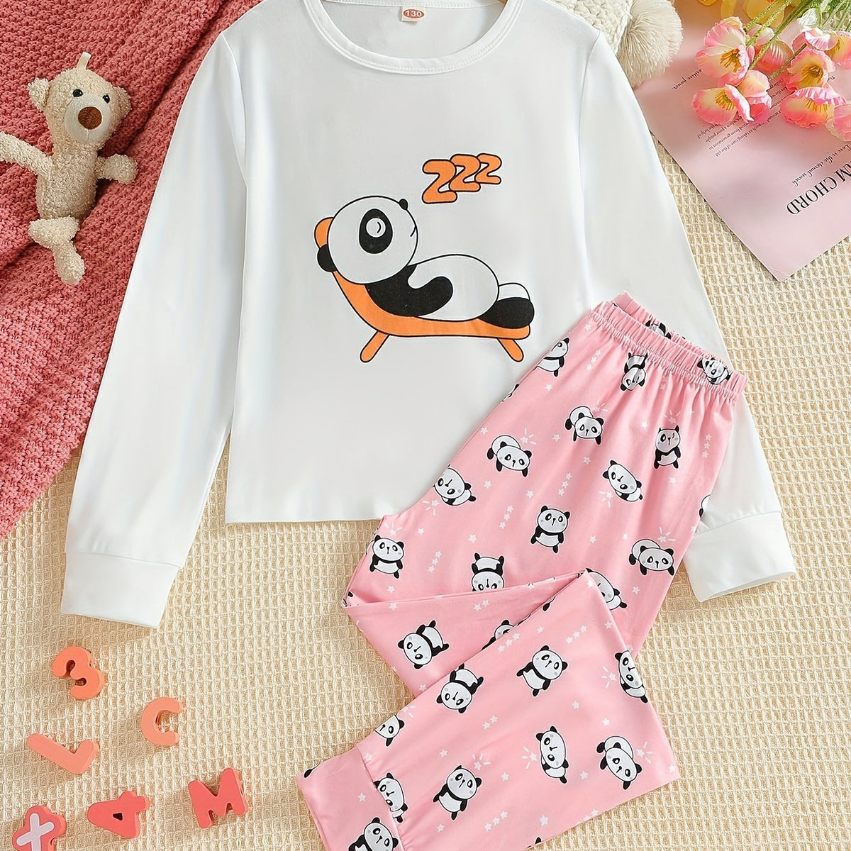 2pcs Panda Pattern Kid's Pajamas Long Sleeve & Pants Set