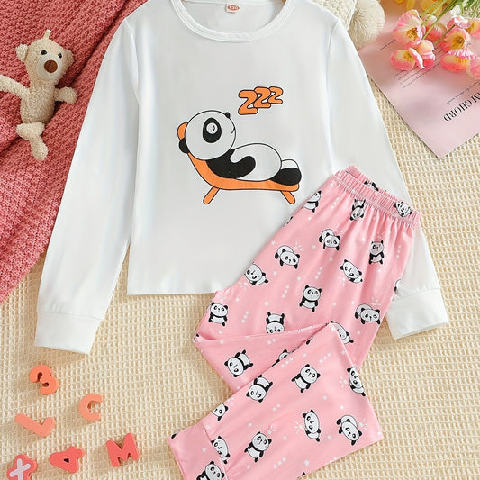 2pcs Panda Pattern Kid's Pajamas Long Sleeve & Pants Set