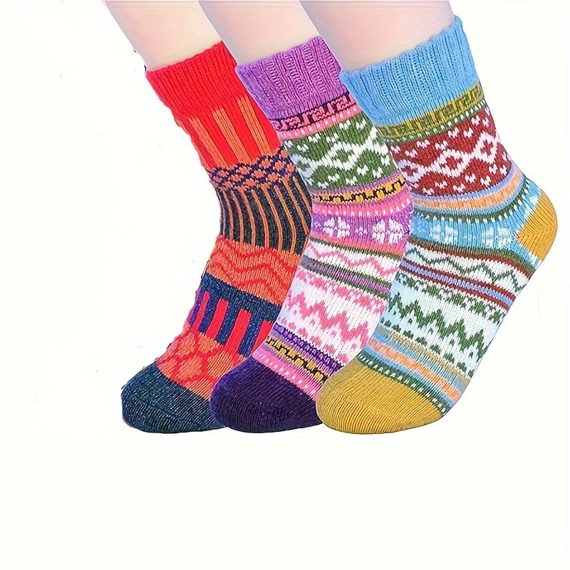 3 Pairs Vintage Warm Cotton Socks Winter Crew Socks
