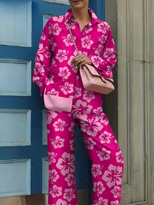  Floral Print Shirt & Pants Two Piece Set