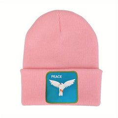 Peace Bird Embroidery Patch Beanie Solid Knit Hat Lightweight Skull Cap