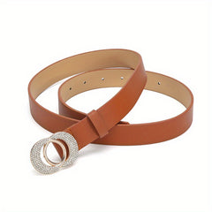 Artificial Diamond Double Round Buckle Leather Belt