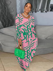 Print Long Sleeve Maxi Dress With Pockets