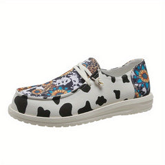 Women's Sunflower Canvas Shoes Round Toe Cow Print Loafers