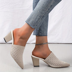 Women's Knit Heeled Mule Sandals Pointed Toe Chunky High Heels Slingback