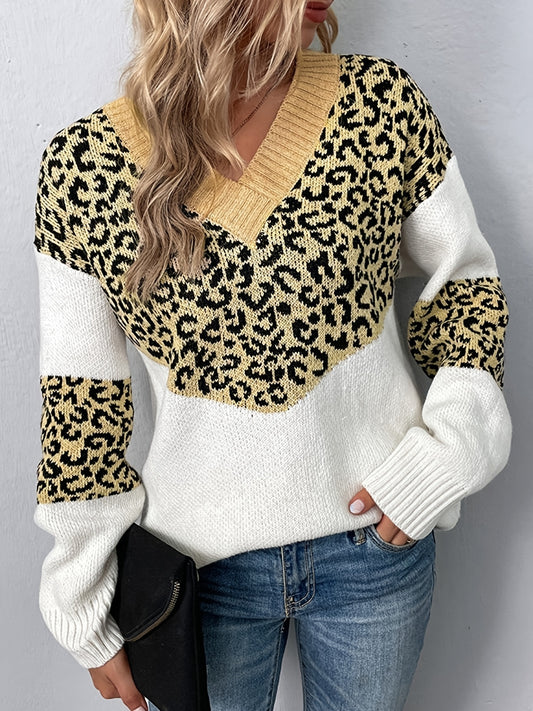  Leopard Print V Neck Sweater