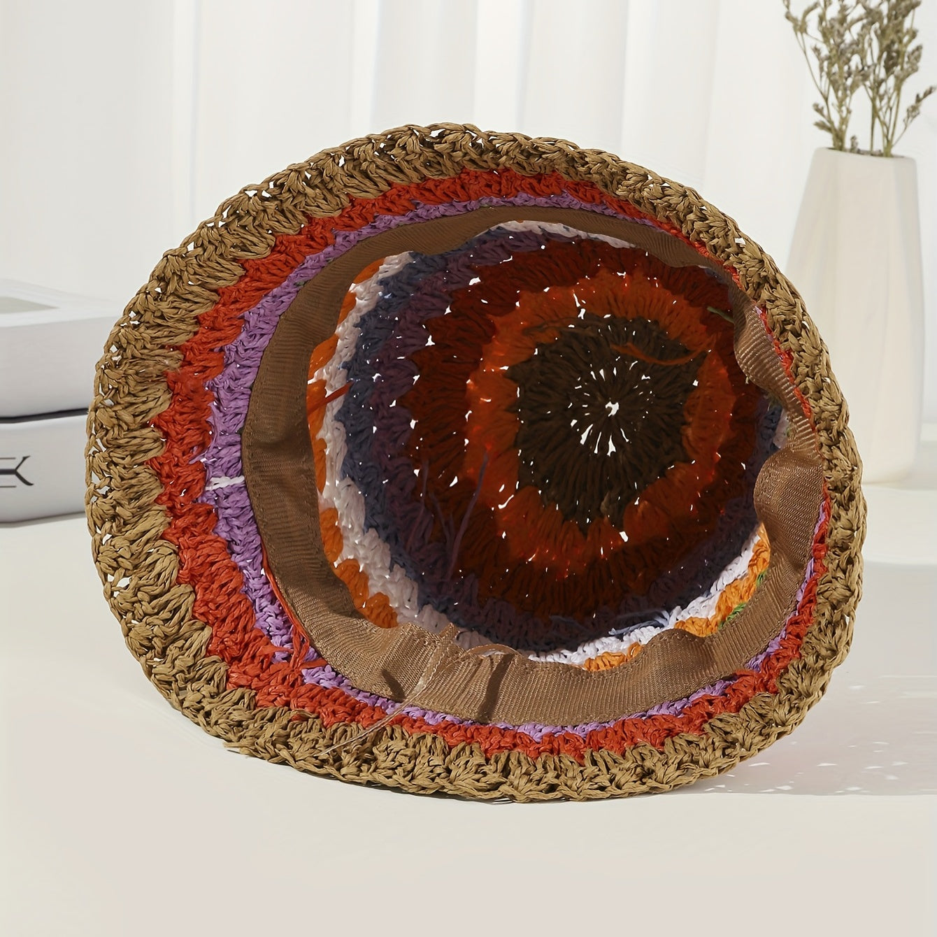 Rainbow Striped Bucket Hat Crochet Straw Sun Hat
