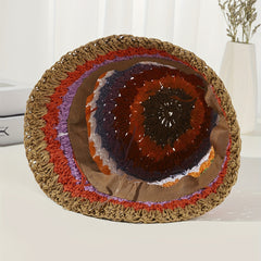 Rainbow Striped Bucket Hat Crochet Straw Sun Hat
