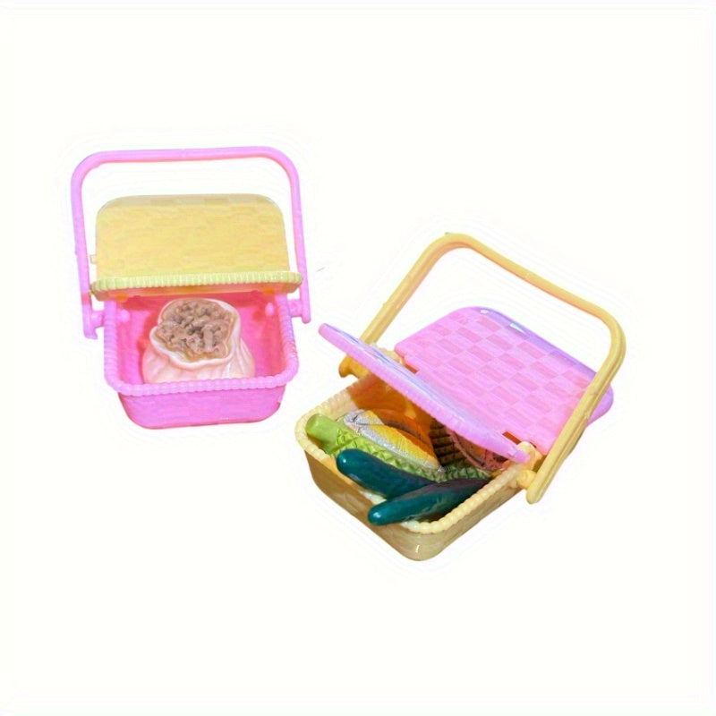 Dollhouse T-Shaped Picnic Basket Yellow/Pink Plastic Shopping Basket 1pc