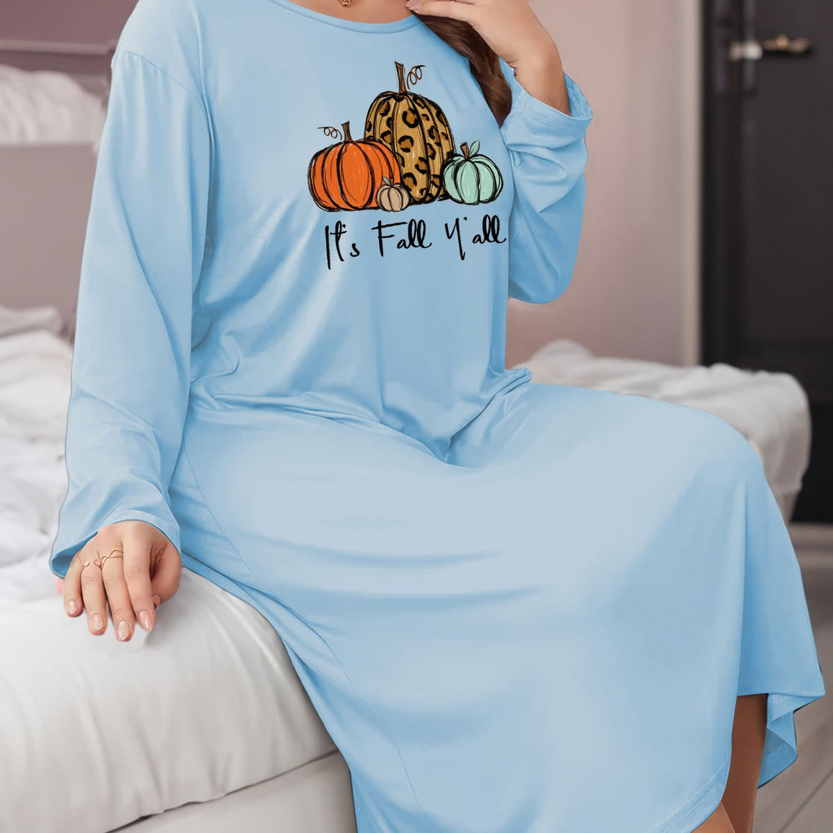  Halloween Lounge Dress Women's Plus Slogan & Pumpkin Print Long Sleeve