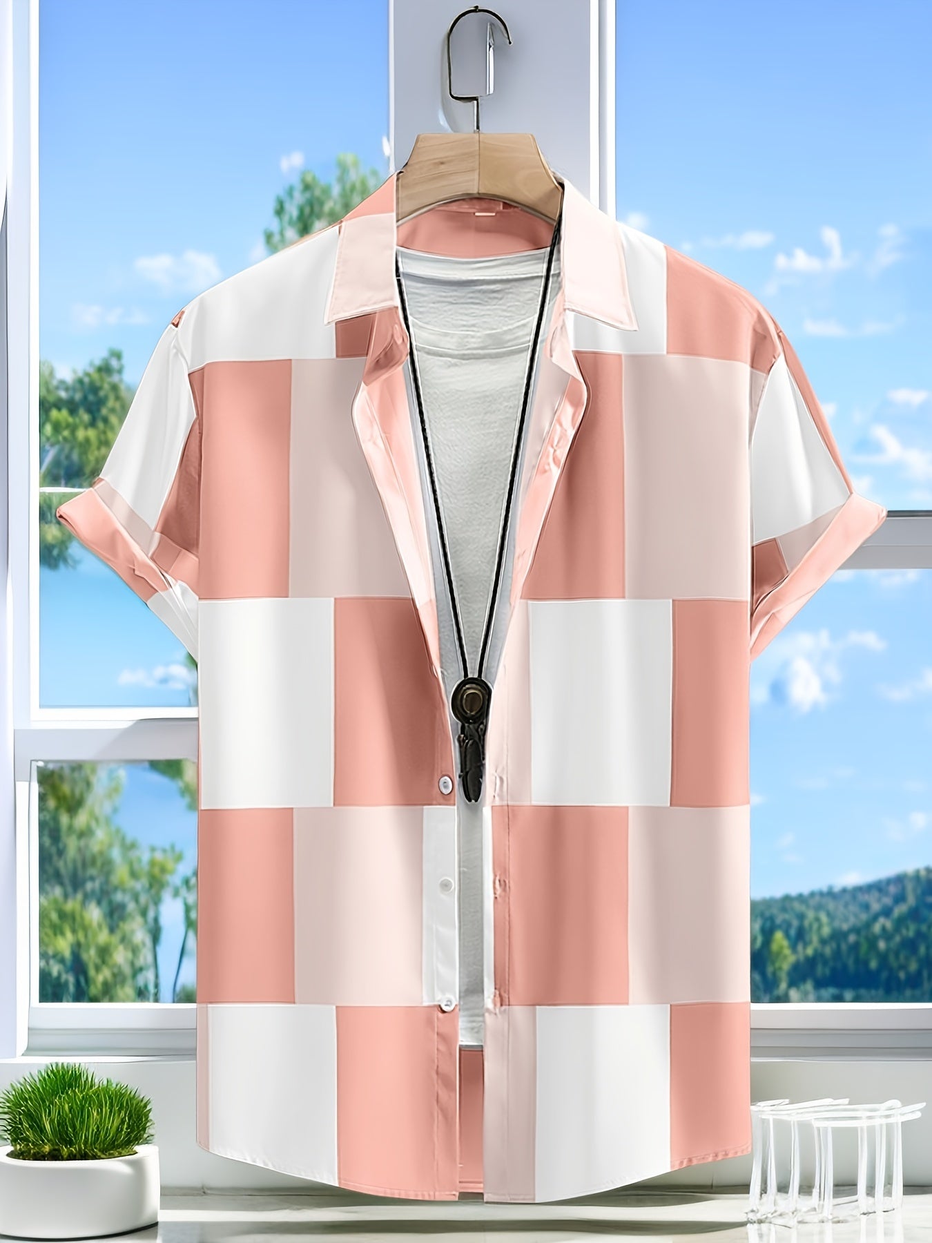 Grid Pattern Men's Short Sleeve Shirt - Summer Casual Button Up
