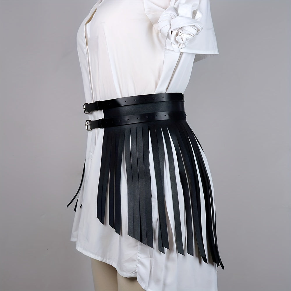 PU Leather Tassel Skirt Waistband Punk Adjustable Waist Belt