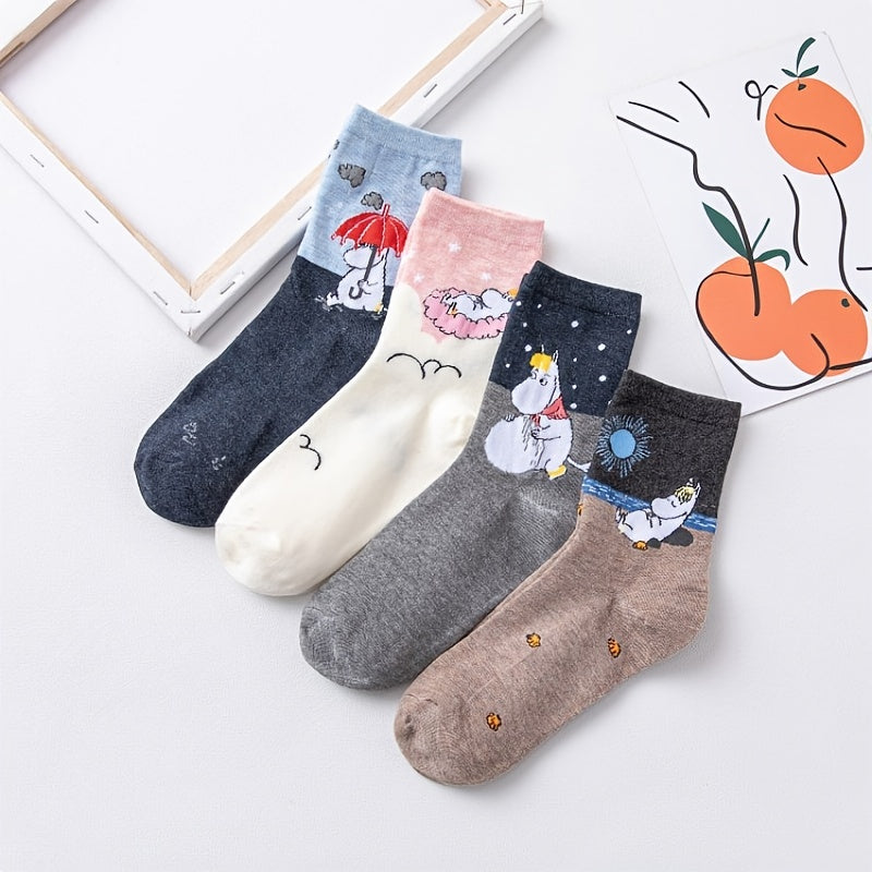 4 Pairs Cartoon Print Socks Soft Mid Tube Socks Women's Stockings
