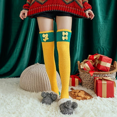 Warm Over The Knee Socks Bowknot Decor Coral Fleece Crew Stockings