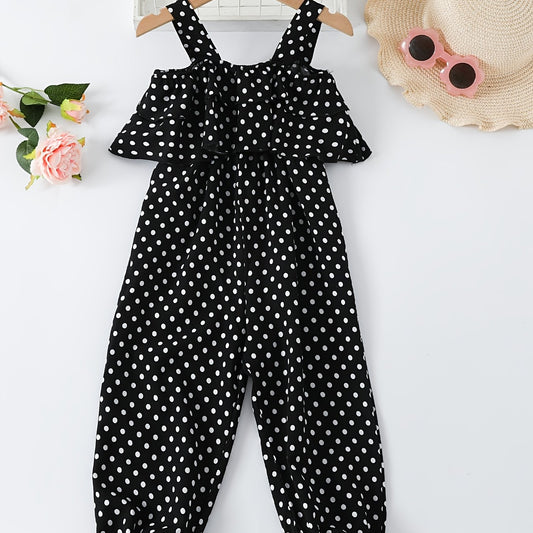 Girls Polka Dot Print Ruffled Suspender Jumpsuit