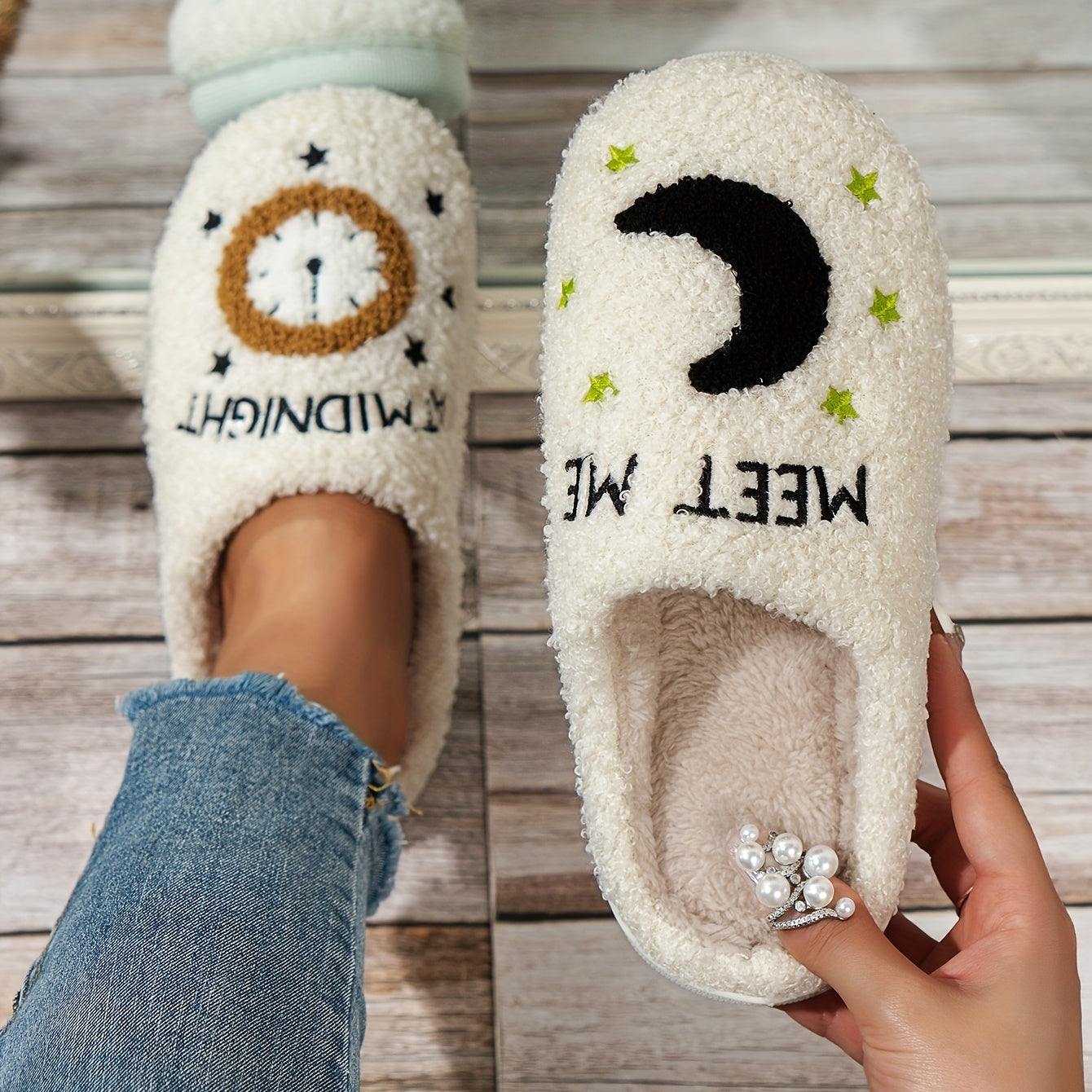 Women's Cozy Fuzzy Slippers Midnight Moon Clock Shoes Plush Slippers