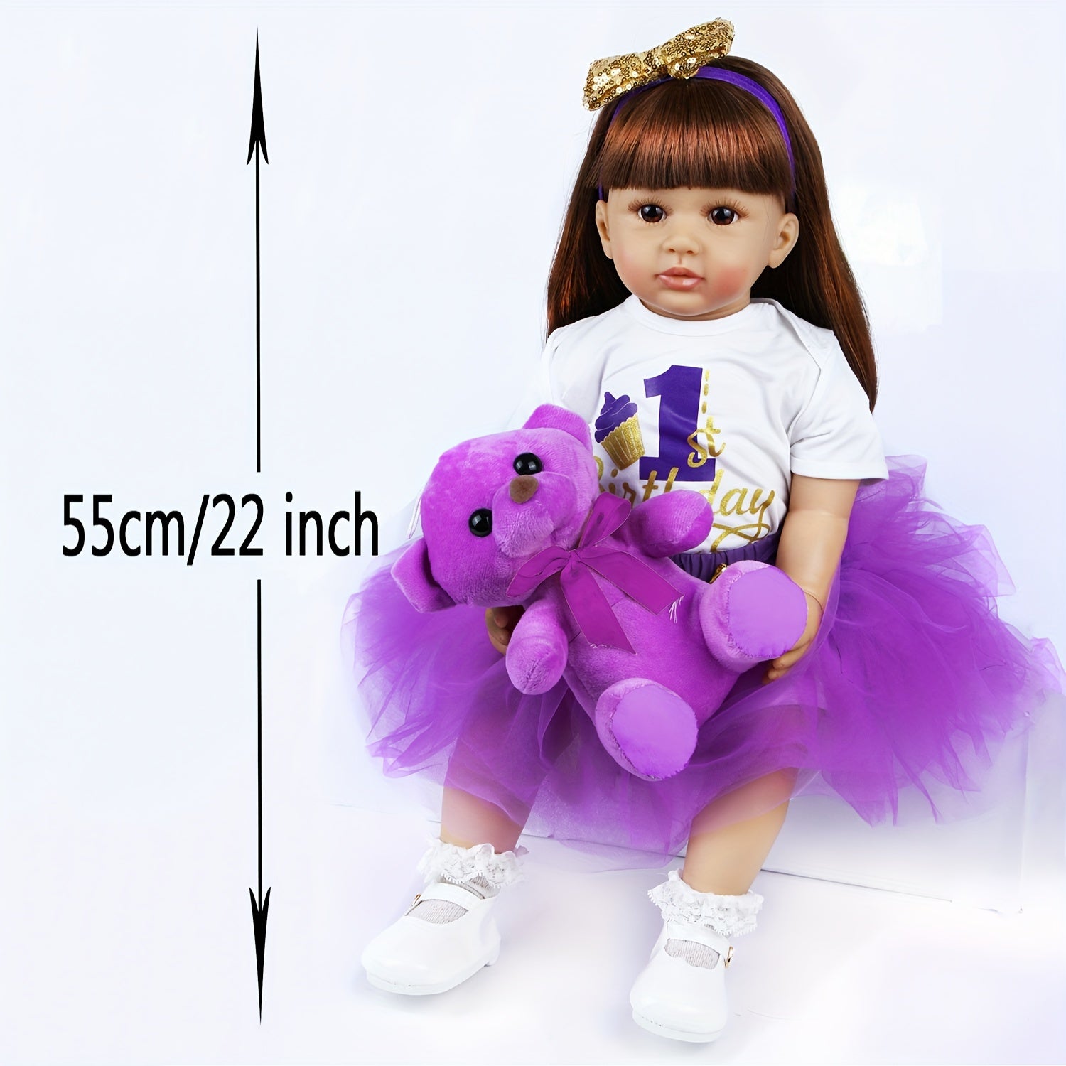 22" Realistic Silicone Vinyl Reborn Girl Doll in Purple Chiffon Dress