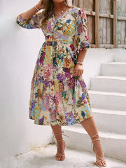 Floral Print V Neck Puff Sleeve Maxi Dress Women's Plus Size