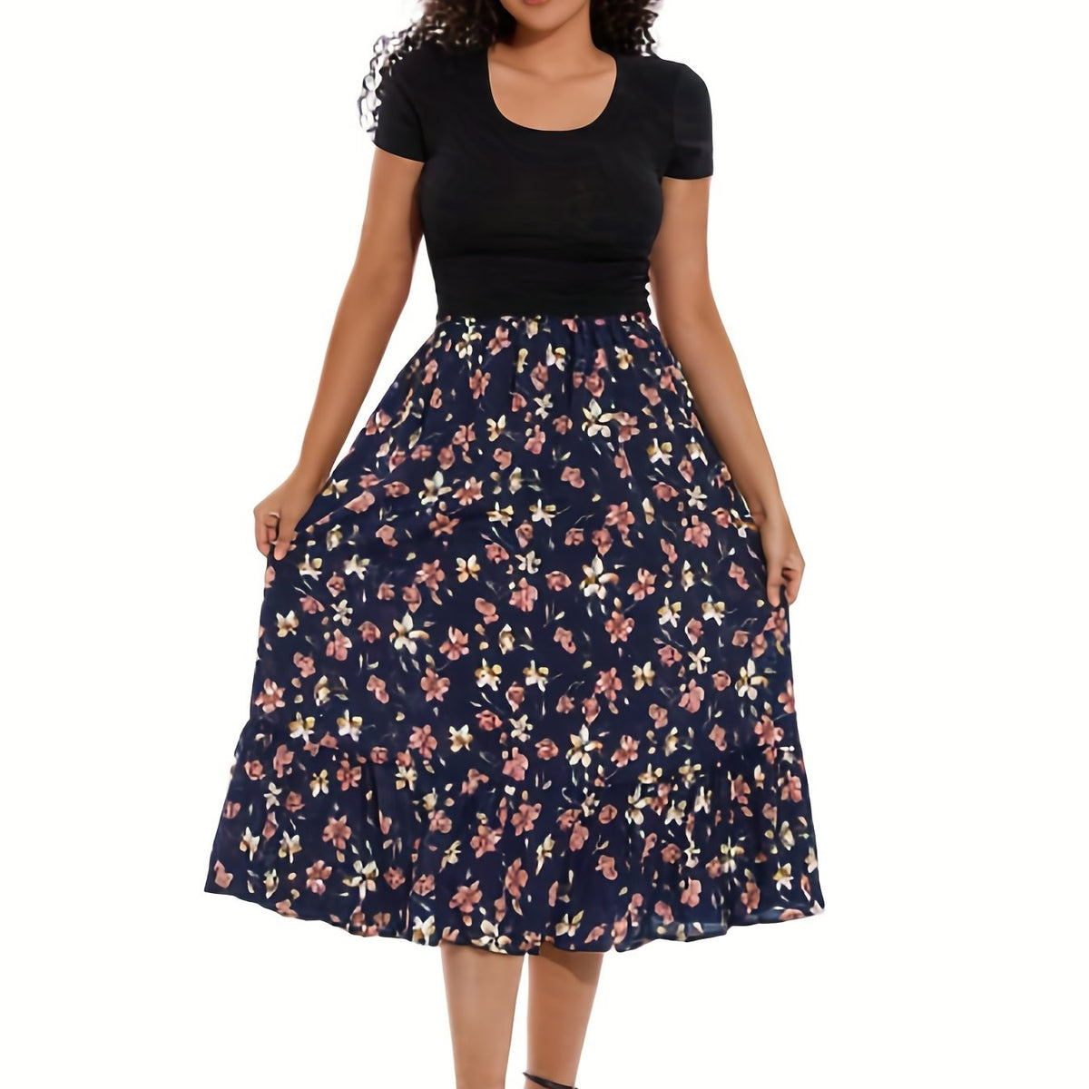 Boho Maxi Skirt Plus Ditsy Floral Print High Rise Pleated Maxi Skirt