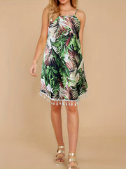  Tropical Print Fringe Trim Cami Dress