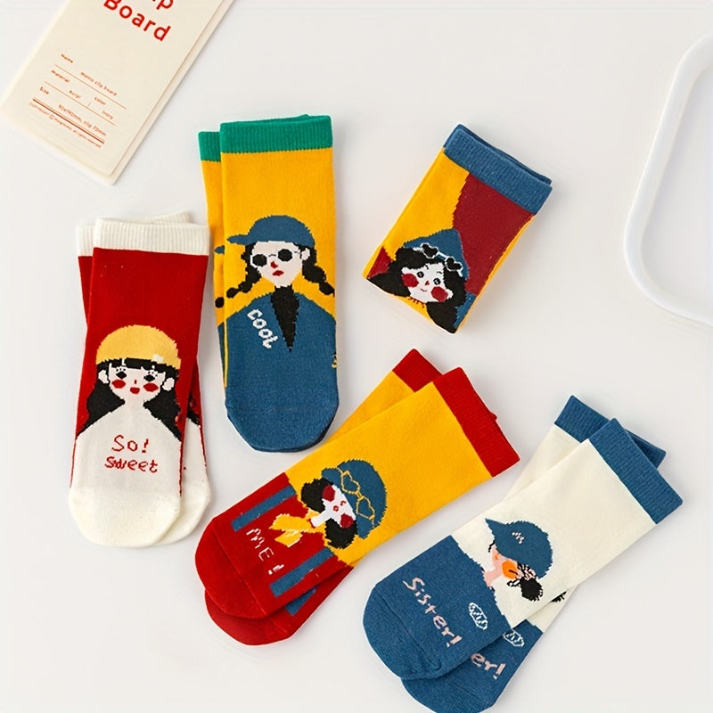 5 Pairs Girls Cartoon Crew Socks Sweet Breathable Children s Socks