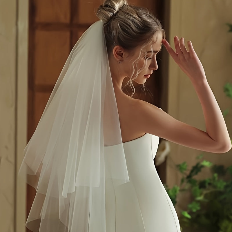 Double Layer Bridal Veil with Comb Romantic Wedding Hair Cover for Brides