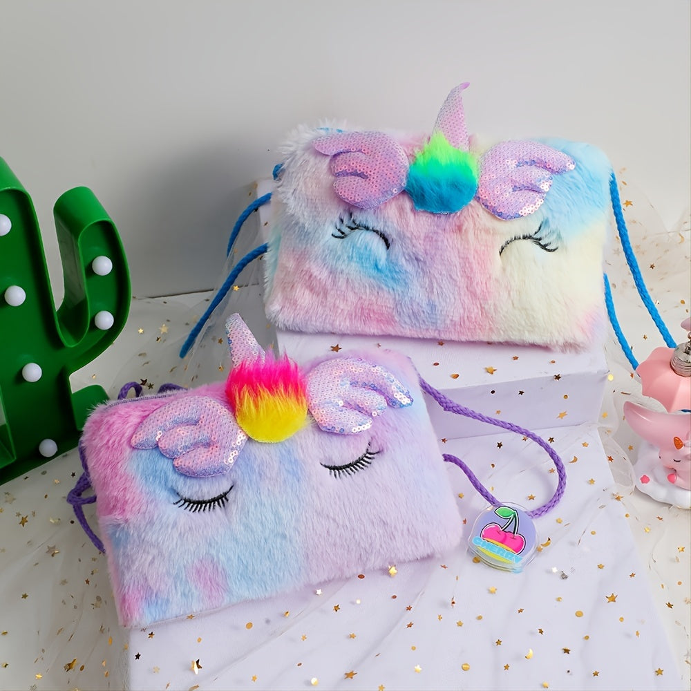 Girls Sequin Plush Unicorn Tie Dye Bag Coin Purse Crossbody Bag