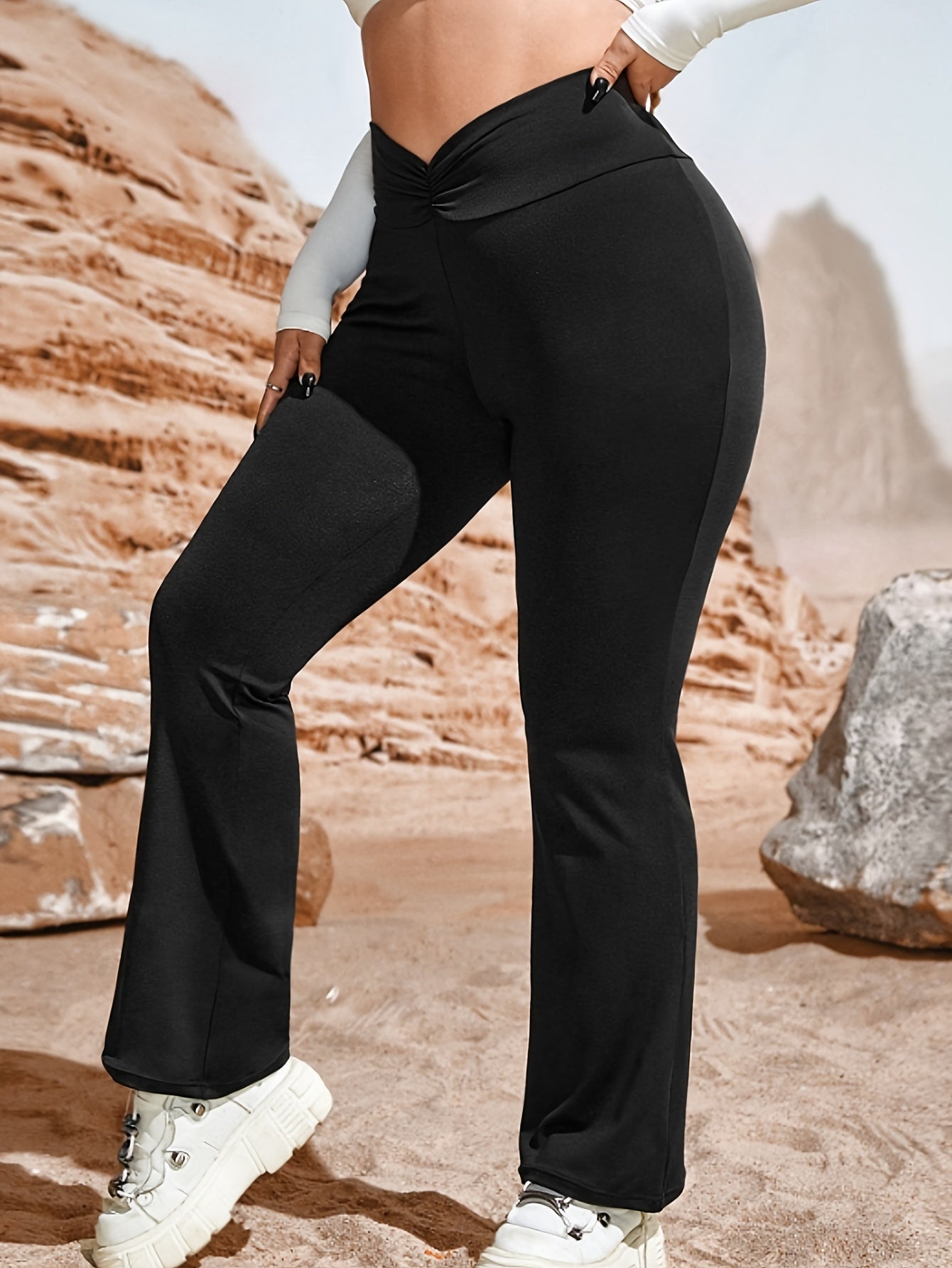  Ruched High Waist Flared Leg Stretch Trousers