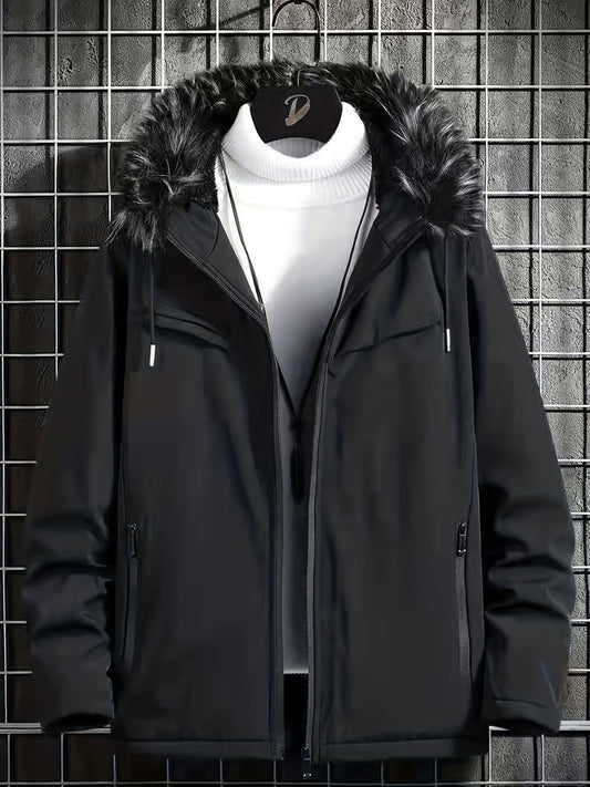 Hooded Winter Jacket Men's Solid Zip Up Padded Jacket