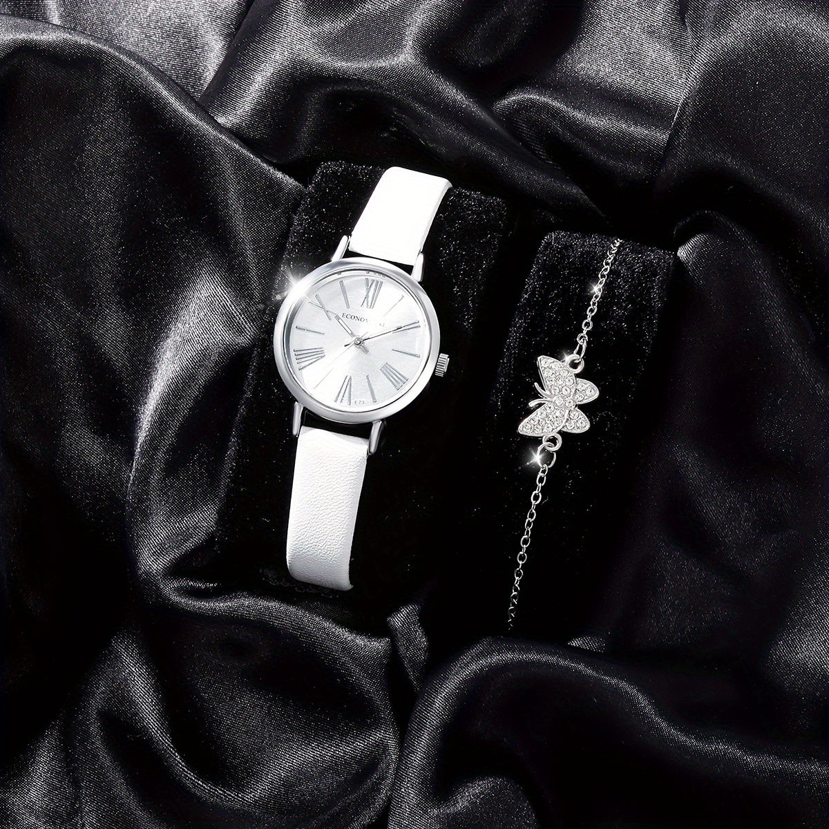 2pcs Student Number Roman Pointer Leather Quartz Watch Set