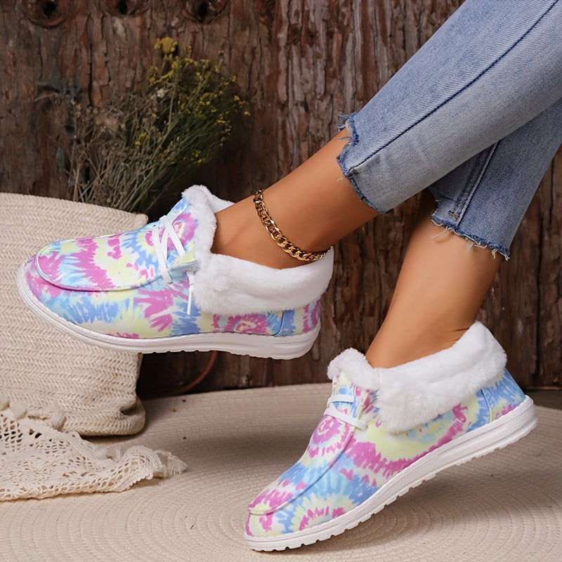 Women's Tie Dye Fluffy Snow Boots Warm & Comfy Slip On Flat Shoes
