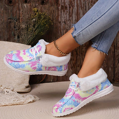 Women's Tie Dye Fluffy Snow Boots Warm & Comfy Slip On Flat Shoes