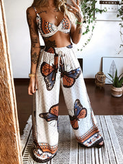 Boho Butterfly Print Two piece Set Crop Cami Top & Wide Leg Pants