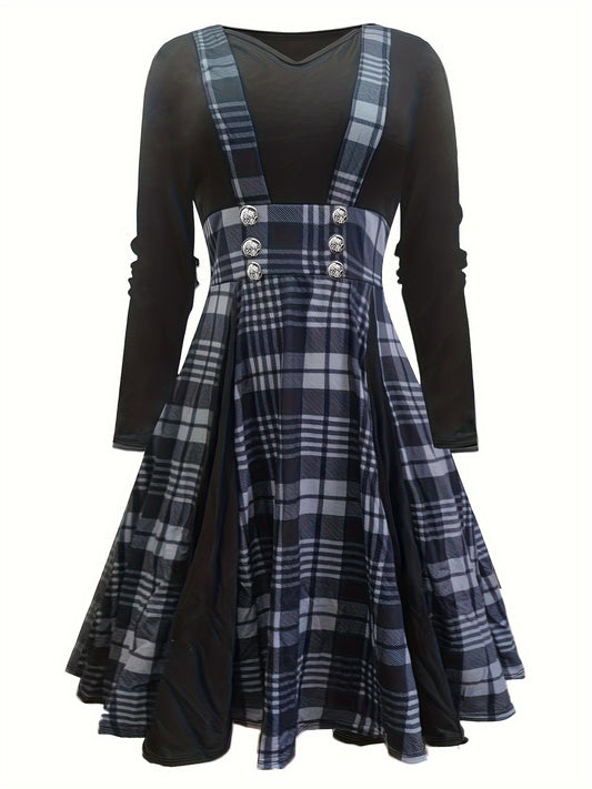 Retro Dress Women's Plus Plaid Long Sleeve V Neck Dress